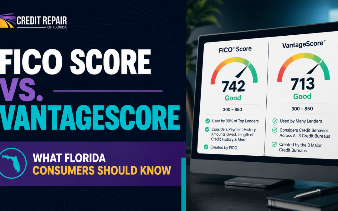 FICO Score vs. VantageScore comparison graphic by Credit Repair of Florida showing two credit score gauges and key differences for Florida consumers.