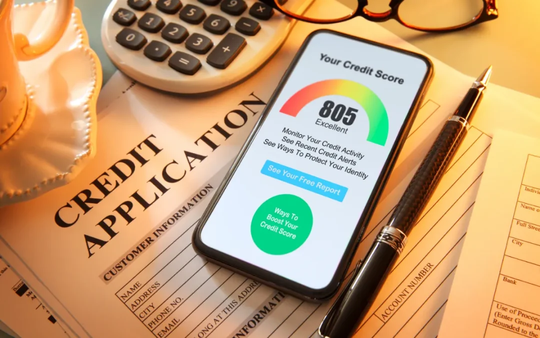 A phone displaying an excellent credit score rests on a credit application, with pen and glasses aside.