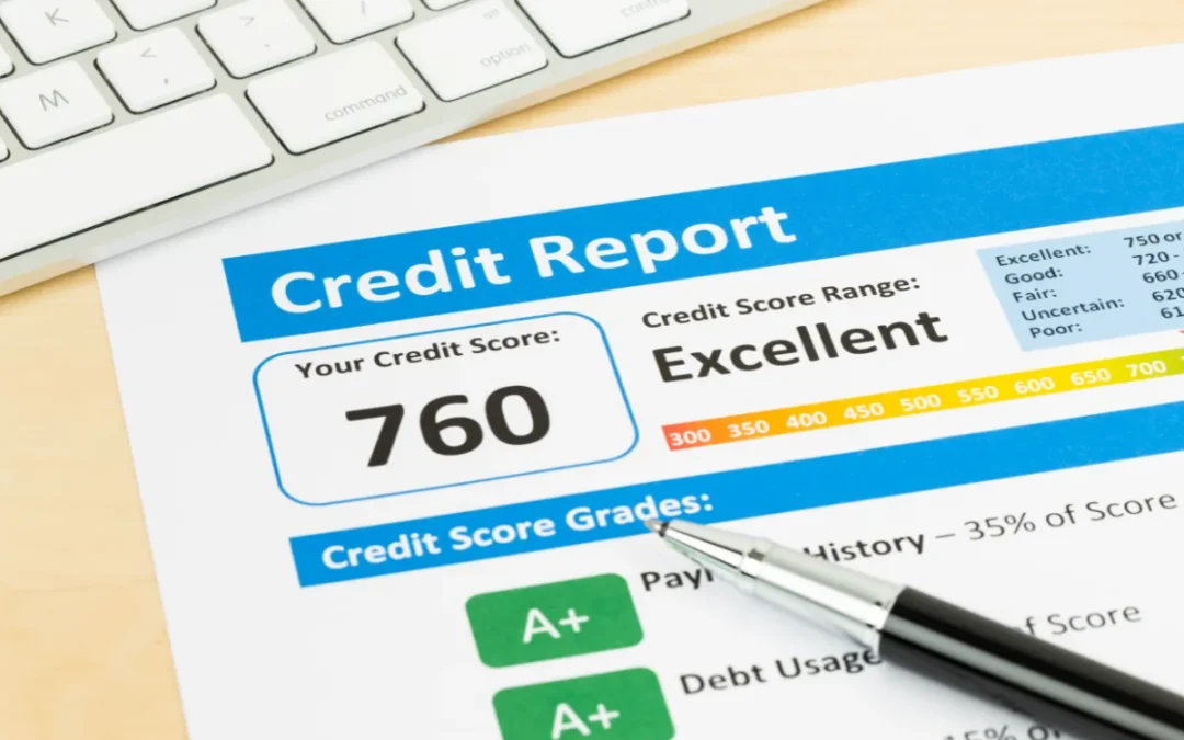 Credit report with a score of 760 rated 'Excellent' and a pen, with a keyboard in the background.