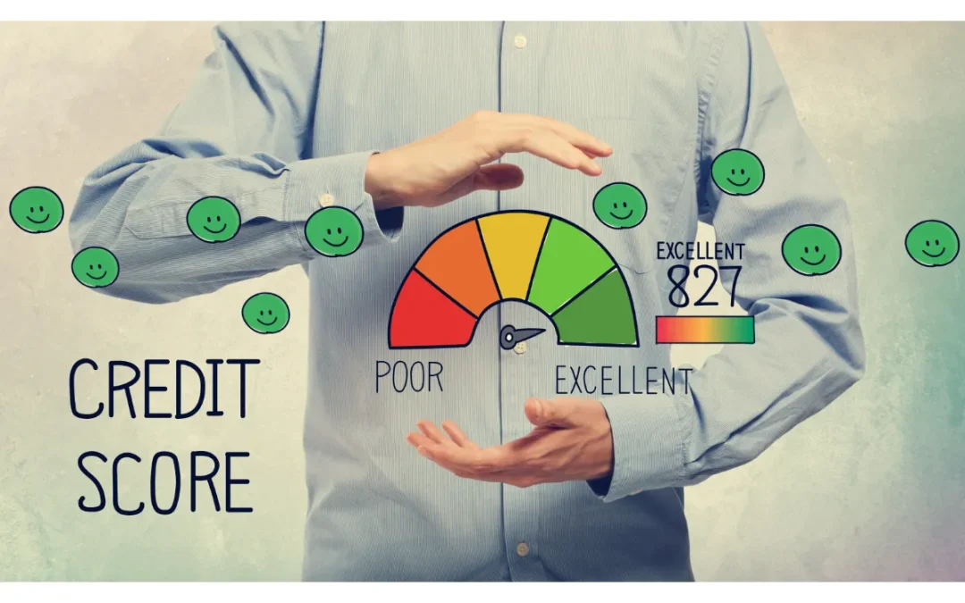Hands frame a floating "Excellent" credit score gauge with smiley faces and "CREDIT SCORE" text.