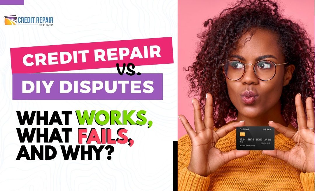 Credit Repair of Florida graphic reading “Credit Repair vs. DIY Disputes – What Works, What Fails, and Why?” next to a thoughtful woman holding a credit card against a pink background.