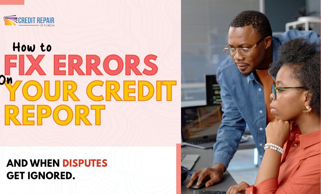 Black couple reviewing credit report errors and dispute issues in a Credit Repair of Florida credit repair graphic