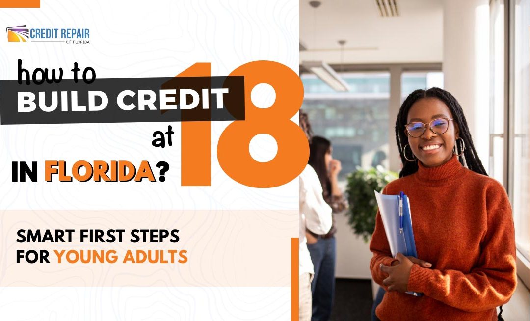 Young woman holding folders beside text about how to build credit at 18 in Florida with smart first steps for young adults